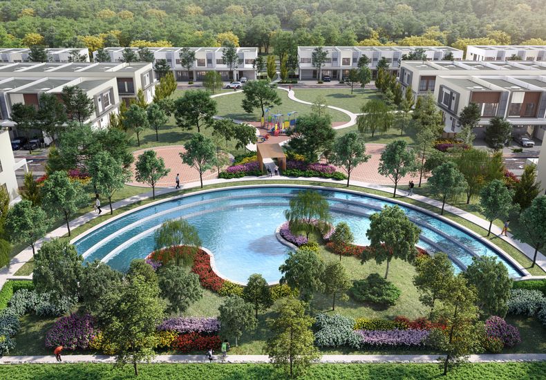 An artist’s impression of houses surrounding a public park and lake at The Kews.