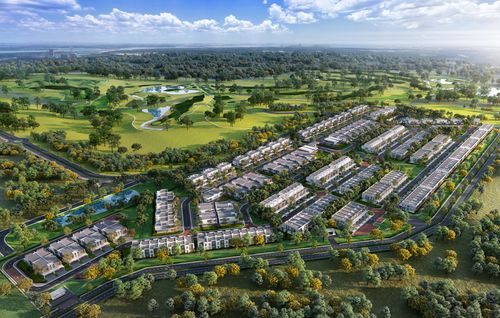 An artist’s impression of an aerial view of The Kews neighbourhood, showing several rows of modern townhouses surrounded by greenery and a neighbouring golf course in the distance.